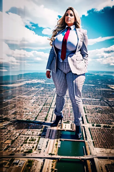 sophisticated and stylish bbw giantess in a form fitting light grey pinstriped trouser suit, white shirt, and a large wide crims...