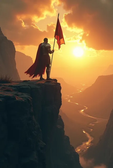 "Create an inspiring digital artwork centered around the phrase: Conquer your doubts, and the world is yours. Depict a warrior standing atop a rocky cliff, overlooking a vast, golden-lit valley as the sun breaks through stormy clouds. The warrior, clad in ...