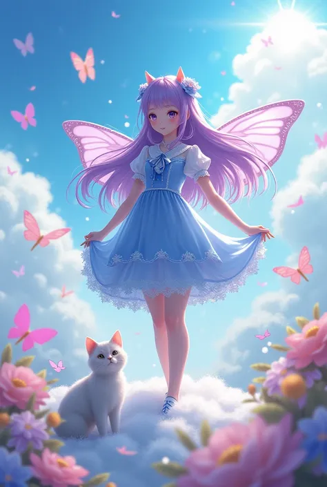 (extremely detailed, best quality), floating, an extremely delicate and beautiful dream-like scene,, , [(1girl),(long purple hair), detailed face, neck ribbon, elegant blue dress, standing on a cloud, (wide shot), (mysterious atmosphere):1.5],, , [(butterf...