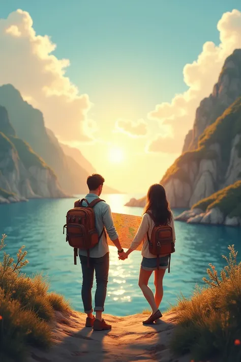 Couple walking together with a map and a magnifying glass in their hands ,  on one side the sea and the horizon the sun amidst the mountains