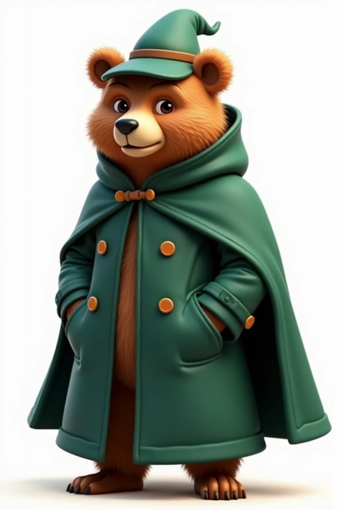  cartoon bear in a green coat and hat standing in front of a white background, Cloak.  extremely high details , heavy coat, ( (  wearing a long coat  ) ),  Wearing a luxurious cape , dark green cape, green cape, with a green cape,  wearing dark cape , wear...