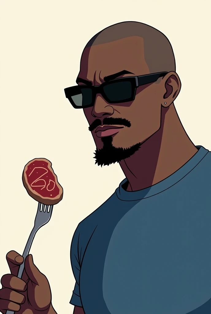 1 black man, afro americano, (shaved hair:1.2), goatee and mustache, dark glasses black lenses ,basic blue shirt ,  dynamic pose , Dark skin,  anime style ,  hold a fork with a steak (steak), half body, Minimalist,
