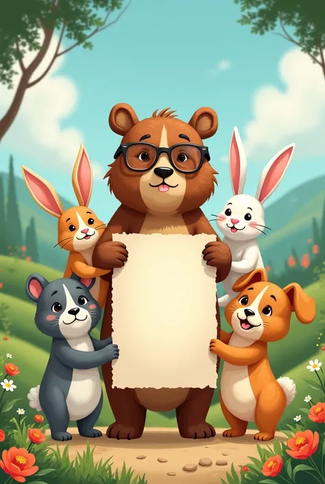 Give me in an image A drawing of A spectacled bear with A Rabbit A Cat and A Dog holding A poster each as if they were friends In the drawing style 