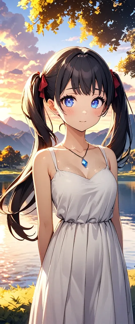 (1 person,  cute young woman, Age 15, medium bust ,  black hair,  twin tails、Big red ribbon、Blue Eyes),delicate beautiful eyes , eyes are drawn in detail ,shy, Quiet look, Captivating Eyes,  Straight Long Hair, A loose dress,  Calm Posture ,  Pottery skin ...