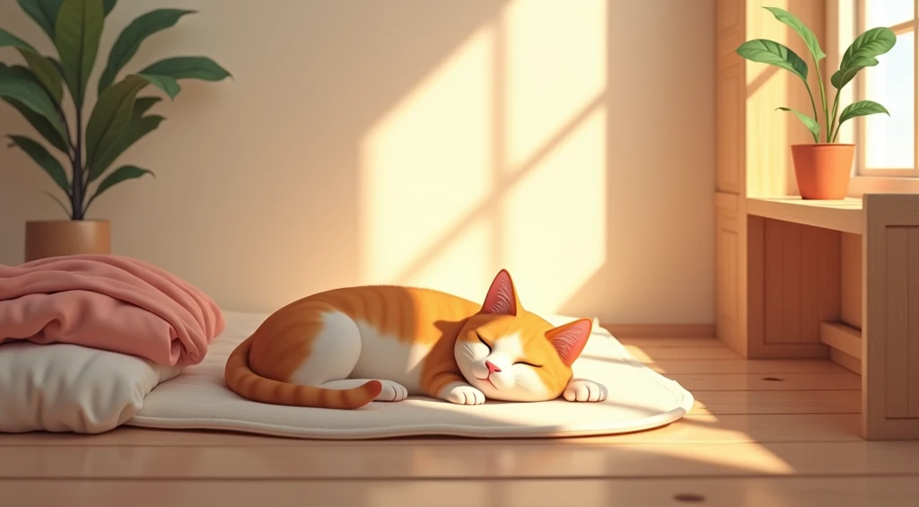 une ambiance chill lofi un appart minimaliste des couleurs chaude un chat calm qui dors 