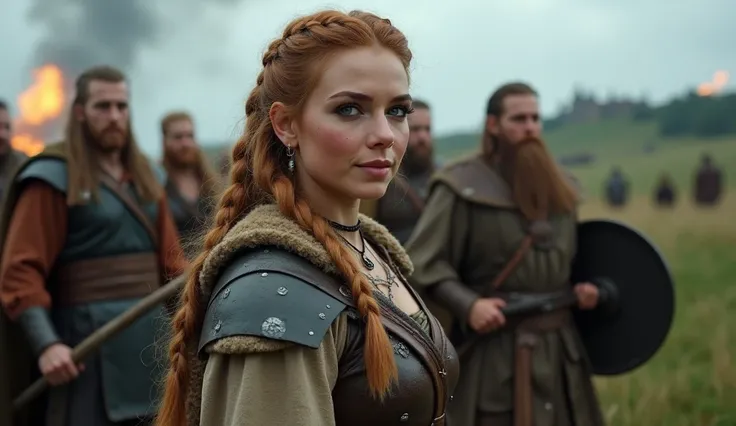 a viking woman, 28yo attractive Norse woman, (Viking Shieldmaiden), ((medium strawberry-blonde hair, viking braids, braided hair)), ((dark eyeshadow, dark eyeliner, fully lips, (detailed blue deep expressive eyes:1.2), from weather tanned face skin, beauti...