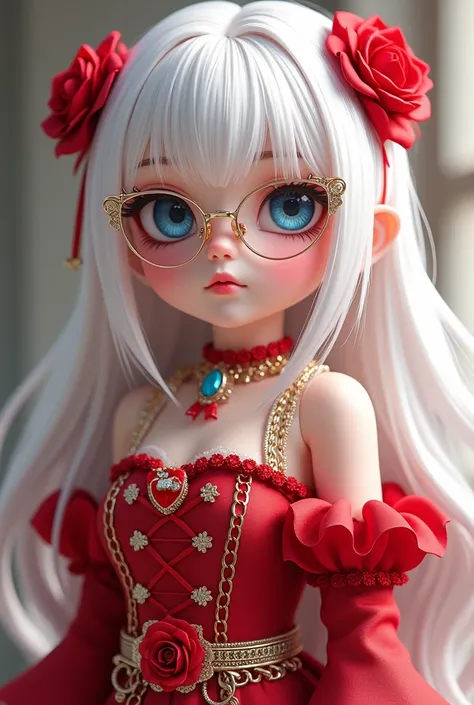  A beautiful girl whose skin color is pale and her eyes are light blue ,  you have white hair with a red tuft on the fringe part , de accesorios unos lentes dorados decoración elegante una rosa en sus labios y un collar con una rosa 🌹 en el medio un traje ...