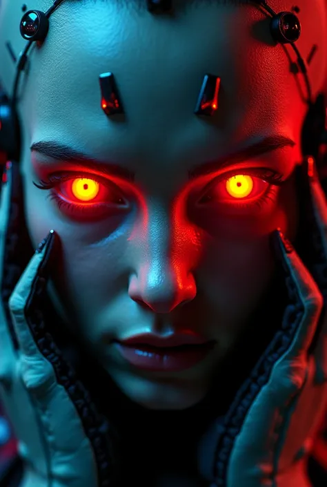 , cyborg, Metal Red Cyberwar Eyes , cyberpunk,   detailed face gloves, detailed skin,  sharp features ,  science fiction ,  intricate details ,  Cinematic lighting,  melancholic nocturnal  lighting,  dramatic lighting , dark shadows, neon lights, brave,  m...