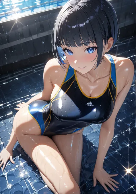  1 girl, Game CG, masterpiece, 8k, 
Photos taken with a wide-angle lens, 
lying on floor, on back, one leg up, put head on pillow, from above, kneeling,
smirk, 
dark gray Hair, dark navy inner color, deep side part bangs, ((very short, pixie cut)), light b...