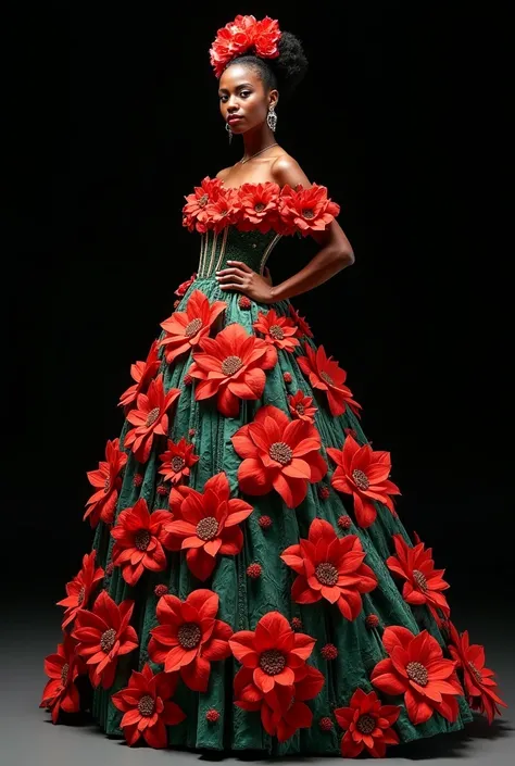 Black model in a gorgeous creative extravagant pastoral Mexican flower shaped magical dress inspired by the artistic style of Frida Kahlo paintings with a black background. Imagine a dress designed by Kahlo if she were a fashion designer. 