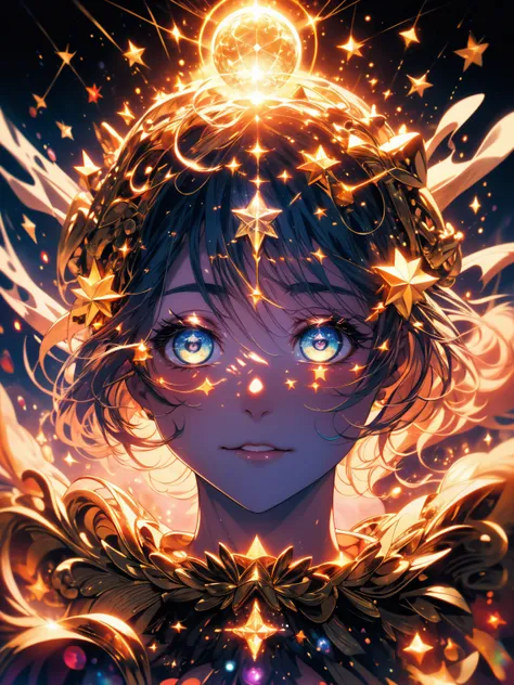 A mature busty naked eldritch goddess made out of golden cosmic clouds is holding a planet between her palms, her body is only a silhouette and lacks any distinct details colored skin,cloud,colorful,starry,stars, naked, nsfw