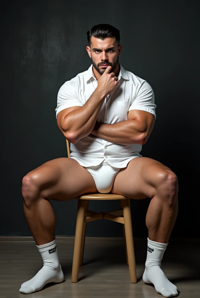  handsome muscular Arab man in white underwear and white socks,  style clothes wearing glasses ,  Sitting relaxed with his legs open with his feet on the ground,  sitting on a simple wooden chair,  white button down front shirt ,  thick thighs ,  slightly ...