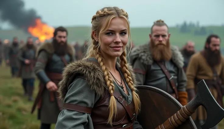 a viking woman, 28yo attractive Norse woman, (Viking Shieldmaiden), ((medium strawberry-blonde hair, viking braids, braided hair)), ((dark eyeshadow, dark eyeliner, fully lips, (detailed blue deep expressive eyes:1.2), from weather tanned face skin, beauti...