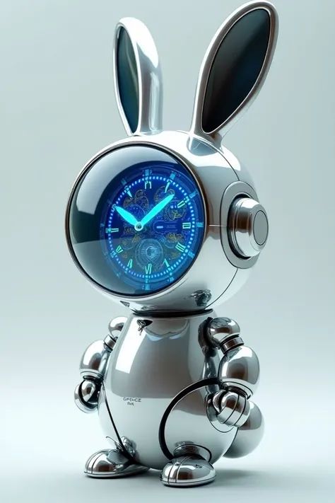 Robot rabbit in the color white chrome, its face is made of glass and inside there is a bright blue watch