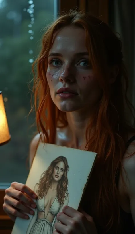 "A close-up of Rose DeWitt Bukater in "A close-up of Rose DeWitt Bukater in her dimly lit room, holding the drawing of Jack Dawson tightly against her chest. Her long, fiery red hair falls loosely around her face, wet from the rain outside. Her pale skin i...