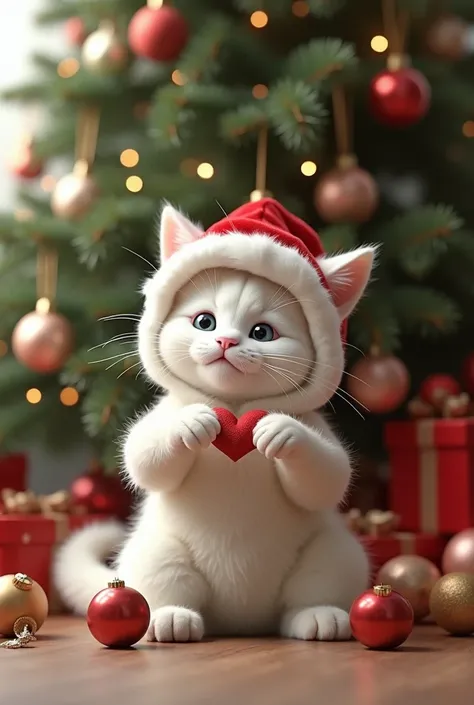 White fluffy cat wearing a Christmas costume cat makes a heart for love with its front paws and sits background Christmas tree many many balls on de floor