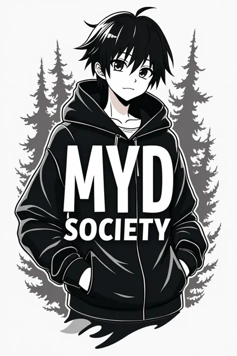 Create a black and white logo for me with an image of some anime in the background with the following title included MYD SOCIETY 