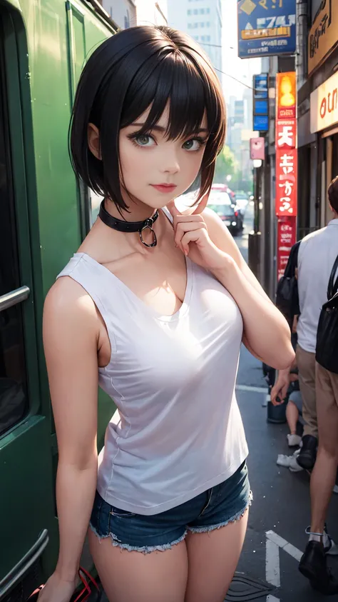 27 years old, city, green eyes, girl in need, collar, white shirt, t-shirt, blue short, sleeveless, looking at viewer, standing, perfect finger, perfect face, black short bob