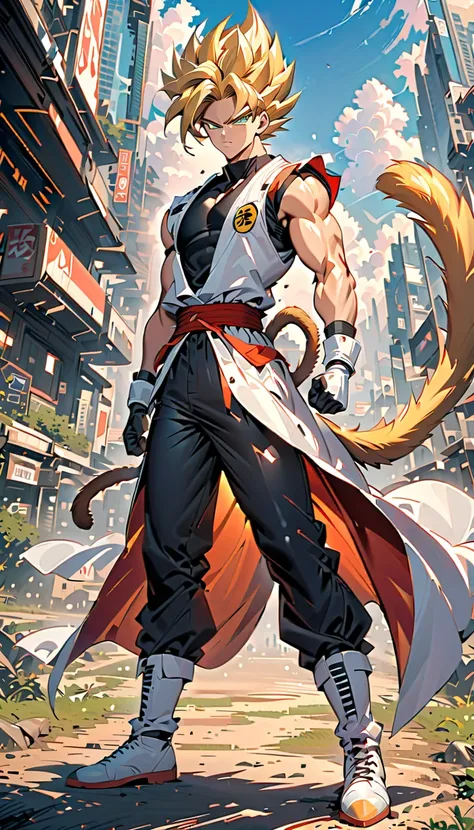 Masterpiece, Best Quality, Extra Detail, 1man, saiyan man, medium hair, blonde hair, super saiyan 2, black shirt, black pants, looking at viewer, standing, full body, full view, clenched hands, arms at side, front view, coat, white coat, long coat, sleevel...