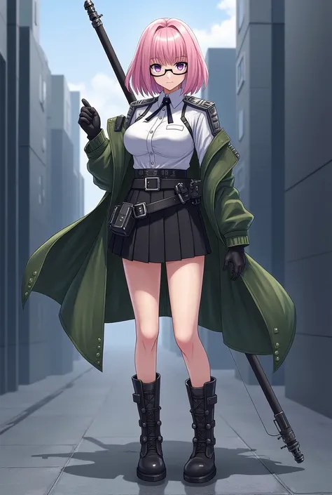 1girl, solo, super fine illustration, an extremely delicate and beautiful, best quality, masterpiece, 8K, Yanagi Tsukishiro(Zenless Zone Zero), soft pink hair, medium length hair, serious expression, glasses, military uniform, white military jacket, black ...