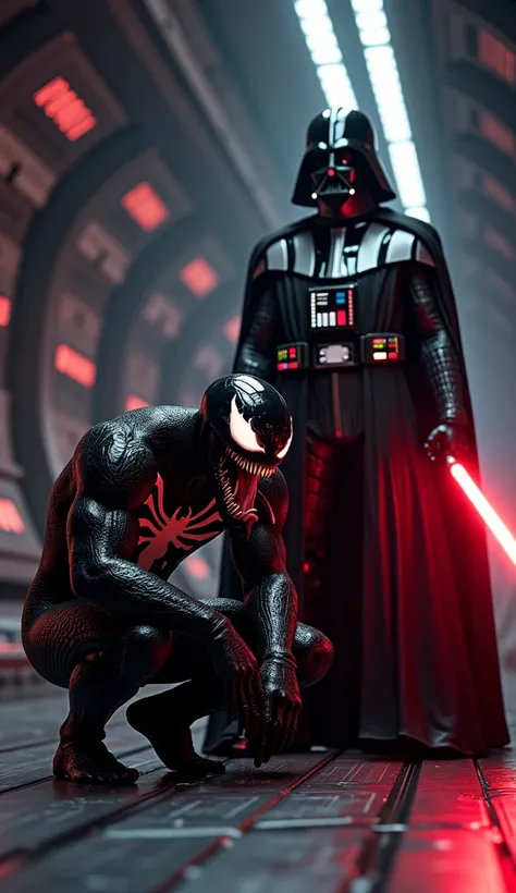 Ultra-realistic image of Marvels Venom standing next to Darth Vader in a dark, metallic corridor of a Star Destroyer. Venom, in his black symbiote form, crouches with glowing white eyes, his tongue flicking out menacingly. Darth Vader, in his imposing blac...