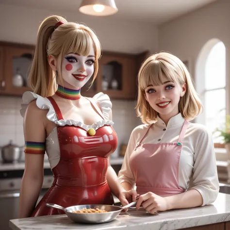 2 girls, in extremely tight shiny latex clown outfit, blonde hair,  ponytail , bangs, smile, lens reflection, reflected light, a...