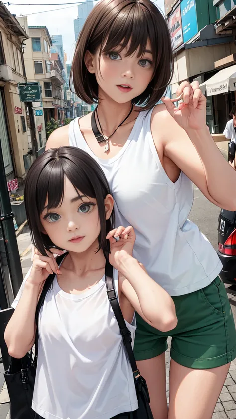 , city, green eyes, girl in need, collar, white shirt, t-shirt, blue short, sleeveless, looking at viewer, standing, perfect finger, perfect face, black short bob, ((twin Girls)), mãos na cintura