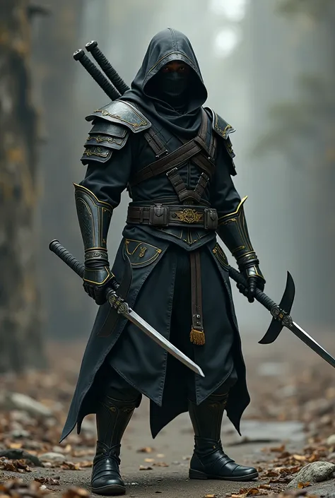 Adult male ninja with lightweight metallic helmet, light black full armor and yellow details , dark gray katana in one hand and black shuriken in the other hand 