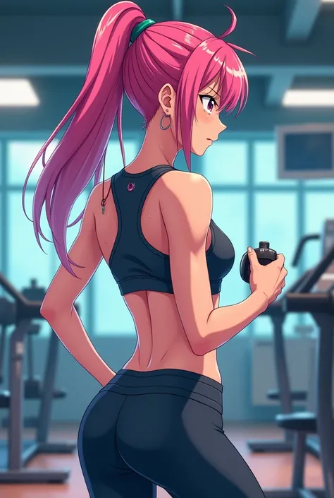 An anime girl working out in a gym with her back to the camera.
