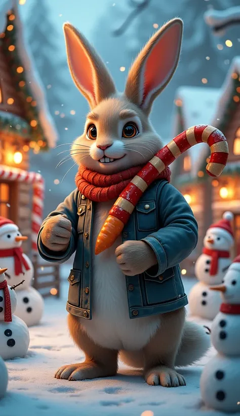 Generate A realistic strong and muscular rabbit with long ears and wolf traits,  holding a magic carrot shaped like a striped candy cane .  He is surrounded by decorated snowmen and a Christmas village in the background, with gently falling snow and colorf...