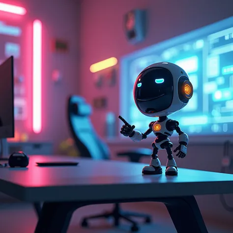 A humanoid robot in a Pixar-meets-cyberpunk-anime style, placed on top of a sleek desk in a futuristic office setting with vibrant cyberpunk elements in the background. The robot is small and dynamic, pointing diagonally upward to the top-right corner of t...