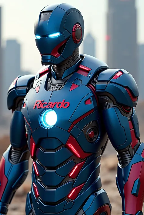 An Iron Man suit in blue with red and on the chest part I have a text "Ricardo"