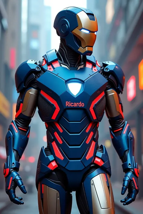 An Iron Man suit in blue with red and on the chest part I have a text "Ricardo"