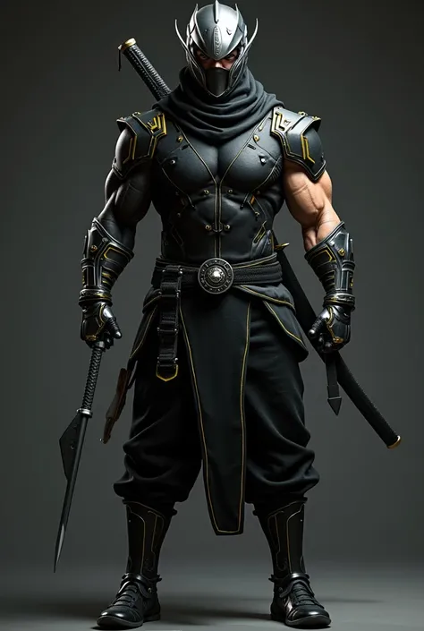 Adult male ninja with lightweight metallic helmet, light black full armor and yellow details , gray katana on the back and a black shuriken in the hand 