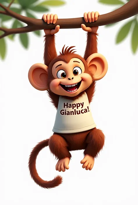  Humorous 3D drawing of a Carayá Pyta  (Alouatta Guariba ),  hanging from a branch . cheerful carita,  smiling, with happy eyes ,  monkey dressed in a t-shirt reading Happy Birthday Gianluca!!.  White background to be used in decorating a party .