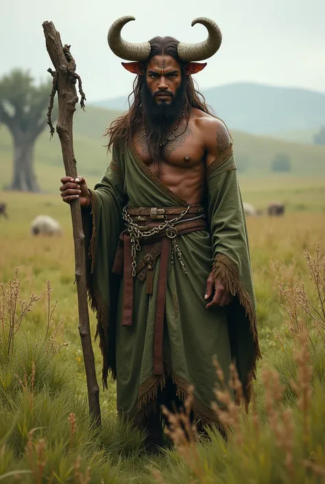 (photorealism:1.2),  intricate details, Minotaur, druid, brown skin, brown Hair, Grey Eyes, Solo, Full body, Standing, robe, wooden staff, prairie, young