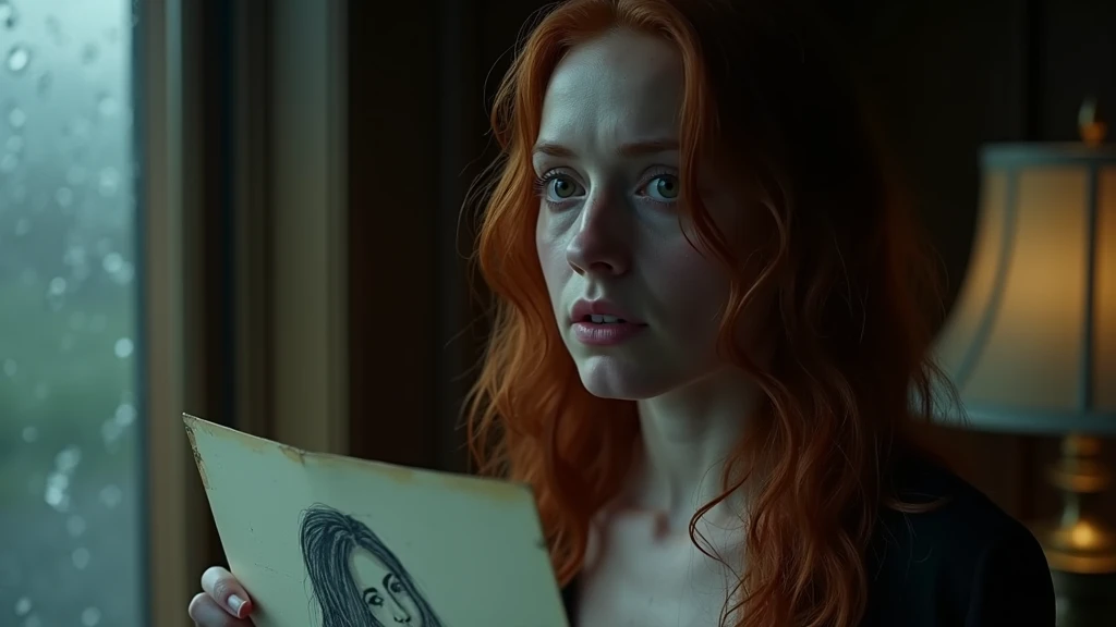 "A close-up of Rose DeWitt Bukater in "A close-up of Rose DeWitt Bukater in her dimly lit room, holding the drawing of Jack Dawson tightly against her chest. Her long, fiery red hair falls loosely around her face, wet from the rain outside. Her pale skin i...