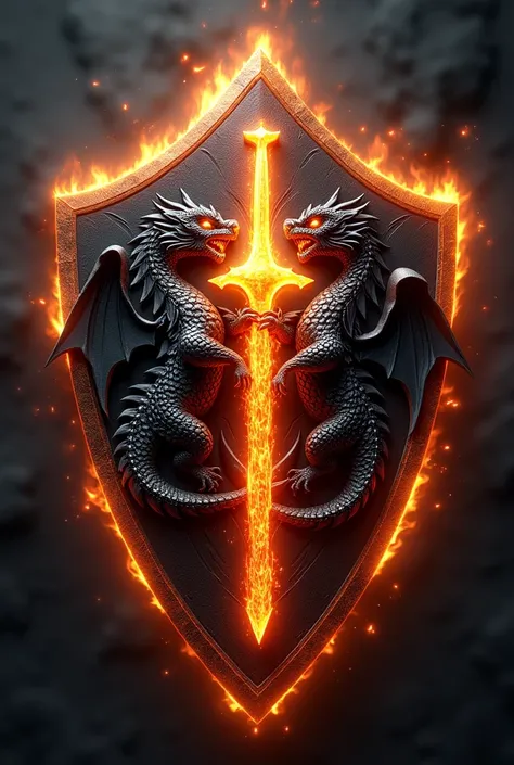 Diamond shield with fire edges with 3 black dragons with a fiery sword in the center of the shield