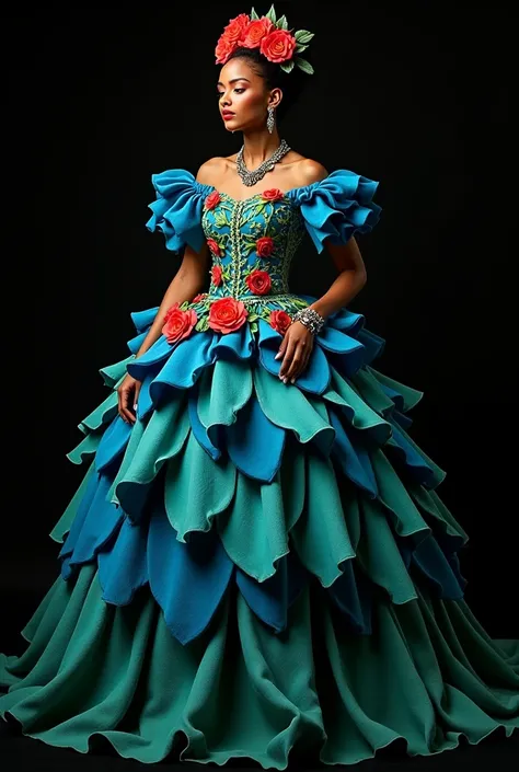 Black model in a gorgeous creative extravagant pastoral Mexican flower shaped magical deep blue and lush green dress inspired by the artistic style of Frida Kahlo paintings with a black background. Imagine a dress designed by Kahlo if she were a fashion de...