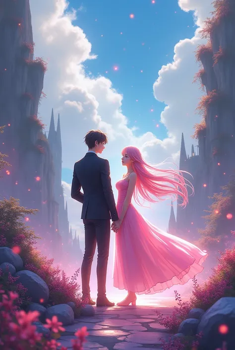 anime girl in a pink dress with a boy in a black suit, anime in fantasy style, beautiful fantasy anime, epic light novel art cover, high definition anime art, anime goddess, anime key art, anime fantasy artwork, anime fantasy illustration, anime wallaper, ...