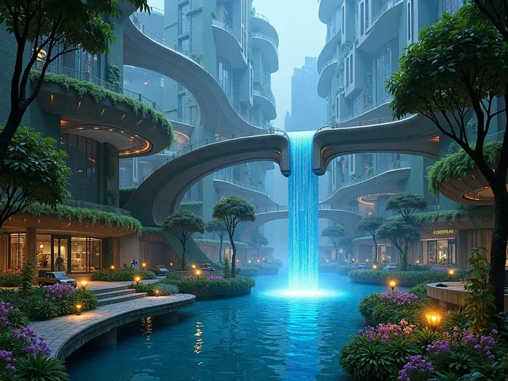 A futuristic metropolis where technology and nature blend in perfect harmony, with sleek, lush, verdant gardens, theres a big fontain with blue magical water pouring from it, as if the essence of the earth has been distilled into a vibrant, thriving eco-fr...