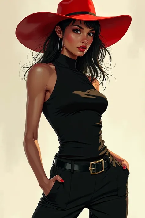 She is a female character wearing a red hat and black pants 