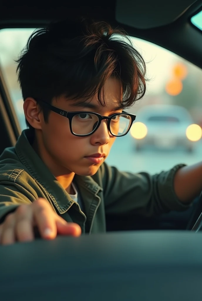  a 20-year-old with glasses who is driving and doesnt look at the road to the last minute like in Fast and Furious 2, I look at you and drive 
