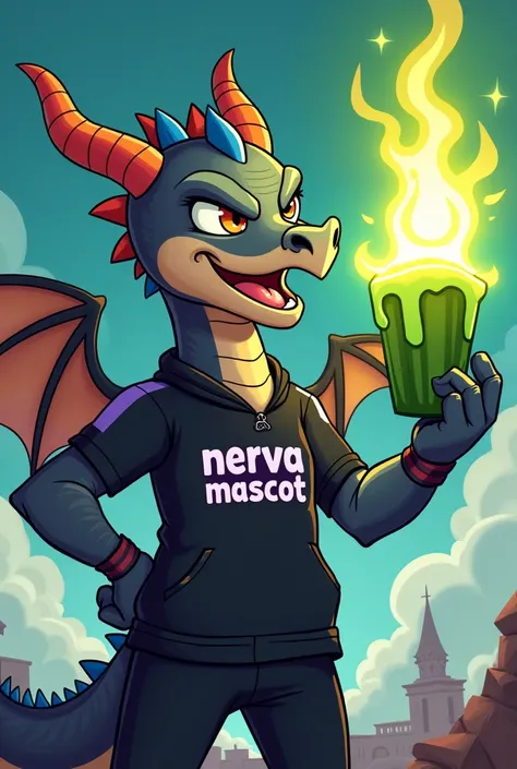  A complete scene of a cartoon dragon wearing dark gray scales /blue,  red-orange horns and wingtips and black athletic-style clothing with " Nerva Mascot "  written in dark / purple on the chest .   The dragon is confident  ,  displaying a bold and dynami...