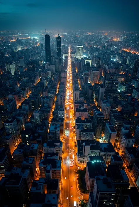 Aerial photo of the city of São Paulo , in night time,  with lots of lights on buildings and cars 
