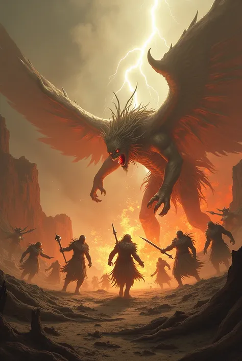 a battle in a dry, barren valley where angels are devoured and dismembered by monstrous demons