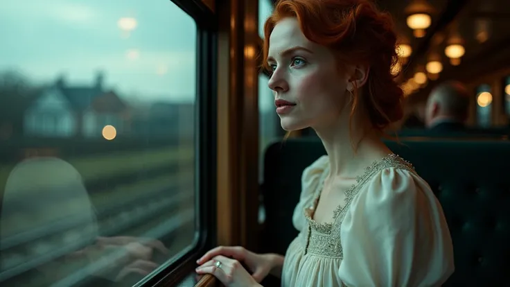 "A poignant shot of Rose DeWitt Bukater seated by the window of a moving train, her fiery red hair loosely framing her delicate, pale face. Her emerald green eyes are fixed on the passing landscape, filled with a blend of sadness and quiet determination. T...