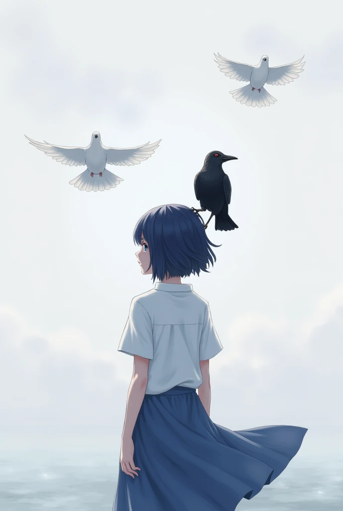 person facing back with 2 dove at the sky and one crow perched on that persons shoulder. With a white shirt and long blueish skirt. Dark short blue hair with a down tail of hair. and calm blue eyes.