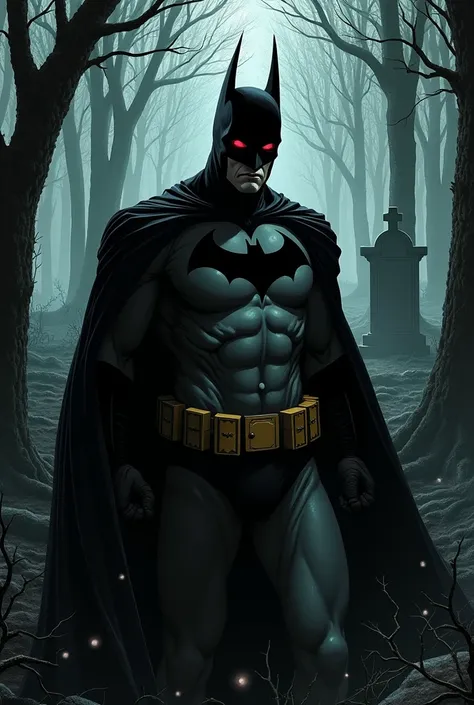 Batman, Junji Itos horror aesthetics, with pale skin, redeyes, in a web covered dark forest, with a cemetery on the background.