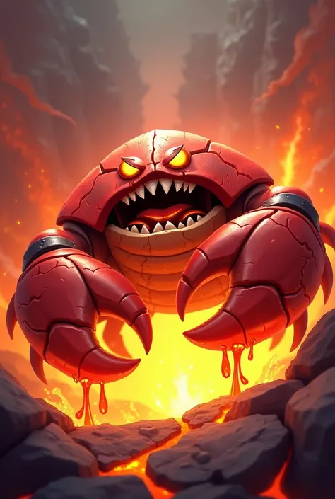 The brawler Clancy the crab from the mobile game “brawl stars” but make it look like he crawled out of a volcano with lava oozing off of him